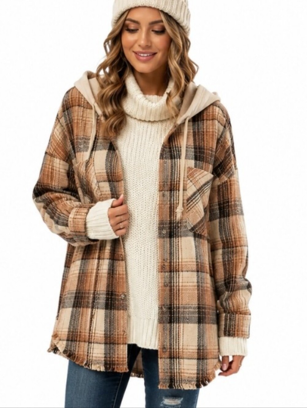 Vintage Plaid Hooded Button-Up Shacket in Tan Brown NWT Large Granola Girl